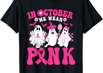 Wear Pink Breast Cancer Warrior Ghost Halloween Groovy T-Shirt