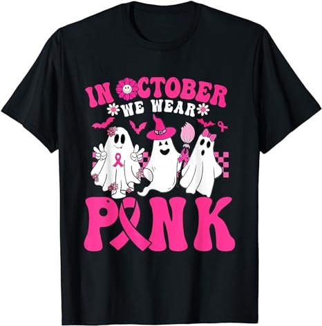 Wear Pink Breast Cancer Warrior Ghost Halloween Groovy T-Shirt