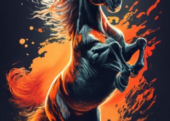 Wild Horse, T-Shirt Art, Very Angry, Fearful, Realistic, very wild, Vibrant Colors, Fine Lines, Black Steed. Her whole body is visible PNG F