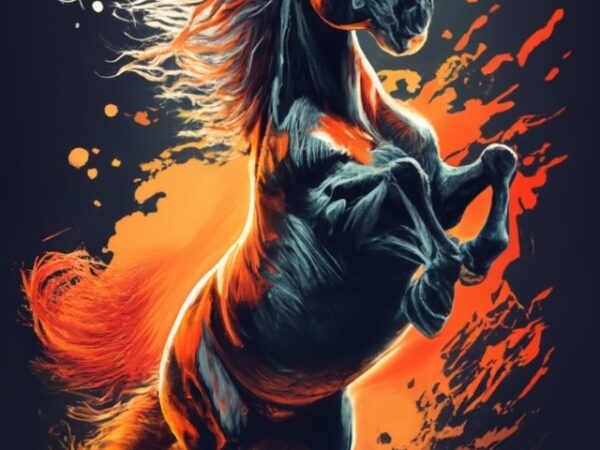 Wild horse, t-shirt art, very angry, fearful, realistic, very wild, vibrant colors, fine lines, black steed. her whole body is visible png f