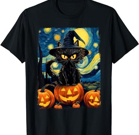 Witch cat starry night van gogh retro halloween cat art kids t-shirt png file
