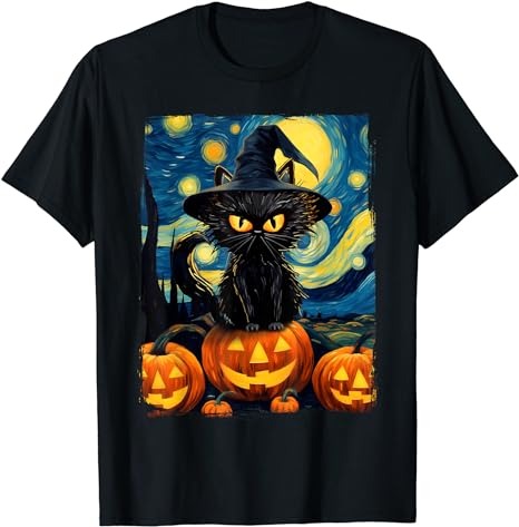 Witch Cat Starry Night Van Gogh Retro Halloween Cat Art Kids T-Shirt PNG File