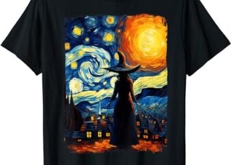 Witch Halloween Starry Night Van Gogh Aesthetic Painting T-Shirt PNG File