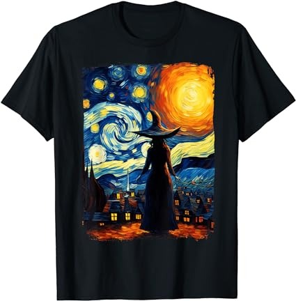 Witch Halloween Starry Night Van Gogh Aesthetic Painting T-Shirt PNG ...