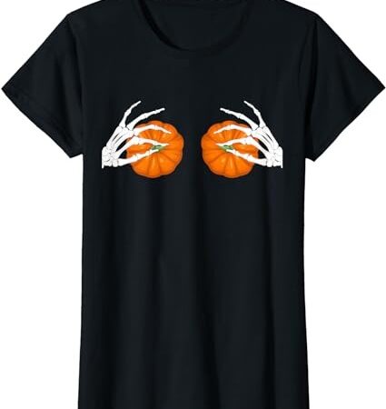 Womens halloween women’s bikini boob pumpkin skeleton hand on breast t-shirt png file