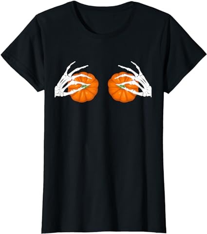 Womens Halloween Women’s Bikini Boob Pumpkin Skeleton Hand on Breast T-Shirt PNG File