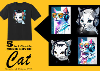 Music Lover Cat Wearing Headphones Illustration for POD Clipart Design is Also perfect for any project: Art prints, t-shirts, logo, packaging, stationery, merchandise, website, book cover, invitations, and more.V.25