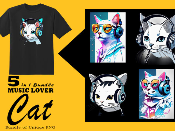Music lover cat wearing headphones illustration for pod clipart design is also perfect for any project: art prints, t-shirts, logo, packaging, stationery, merchandise, website, book cover, invitations, and more.v.25