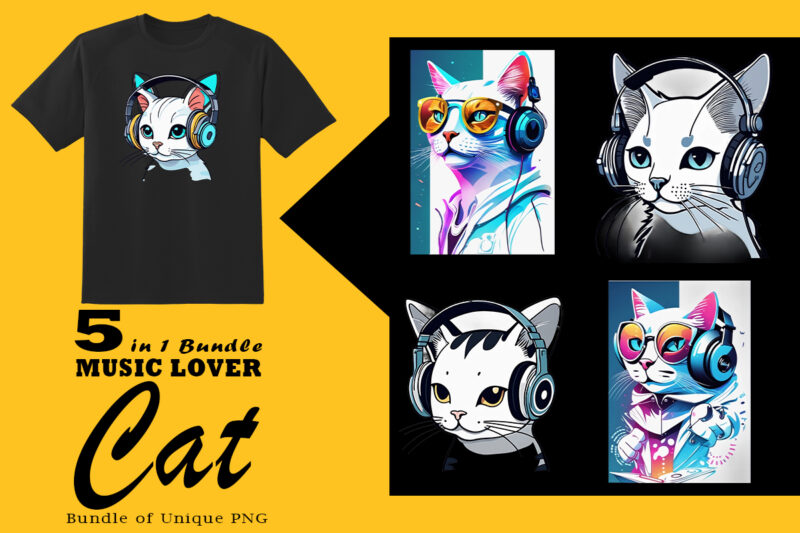 Music Lover Cat Wearing Headphones Illustration for POD Clipart Design is Also perfect for any project: Art prints, t-shirts, logo, packaging, stationery, merchandise, website, book cover, invitations, and more.V.25