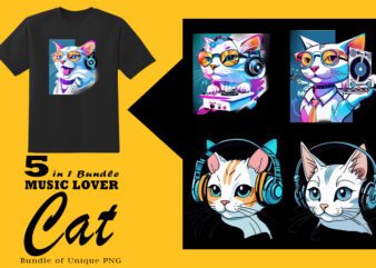 Music Lover Cat Wearing Headphones Illustration for POD Clipart Design is Also perfect for any project: Art prints, t-shirts, logo, packaging, stationery, merchandise, website, book cover, invitations, and more.V.26