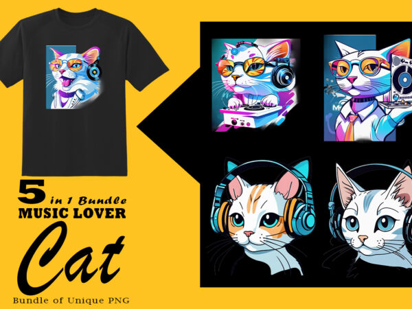 Music lover cat wearing headphones illustration for pod clipart design is also perfect for any project: art prints, t-shirts, logo, packaging, stationery, merchandise, website, book cover, invitations, and more.v.26
