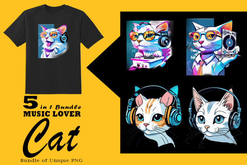 Music Lover Cat Wearing Headphones Illustration for POD Clipart Design is Also perfect for any project: Art prints, t-shirts, logo, packaging, stationery, merchandise, website, book cover, invitations, and more.V.26