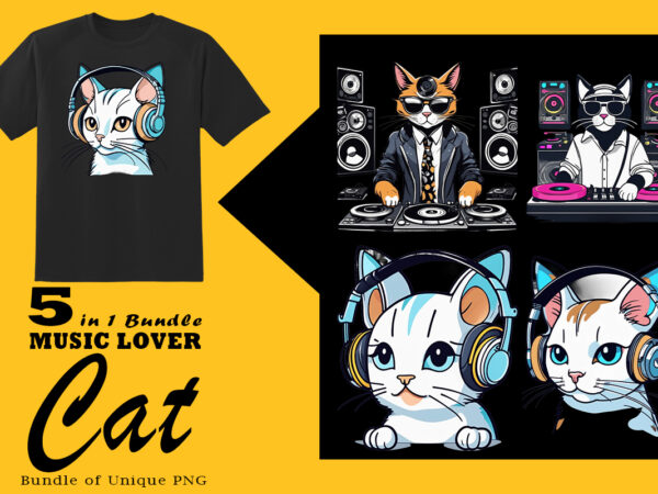 Music lover cat wearing headphones illustration for pod clipart design is also perfect for any project: art prints, t-shirts, logo, packaging, stationery, merchandise, website, book cover, invitations, and more.v.29