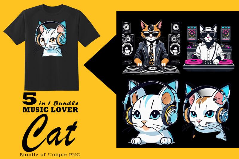 Music Lover Cat Wearing Headphones Illustration for POD Clipart Design is Also perfect for any project: Art prints, t-shirts, logo, packaging, stationery, merchandise, website, book cover, invitations, and more.V.29