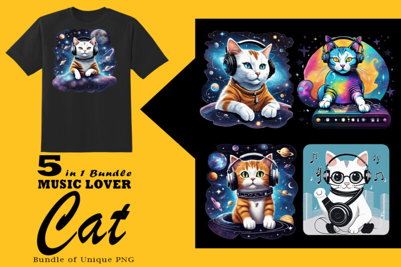 Music Lover Cat Wearing Headphones Illustration for POD Clipart Design is Also perfect for any project: Art prints, t-shirts, logo, packaging, stationery, merchandise, website, book cover, invitations, and more.V.50