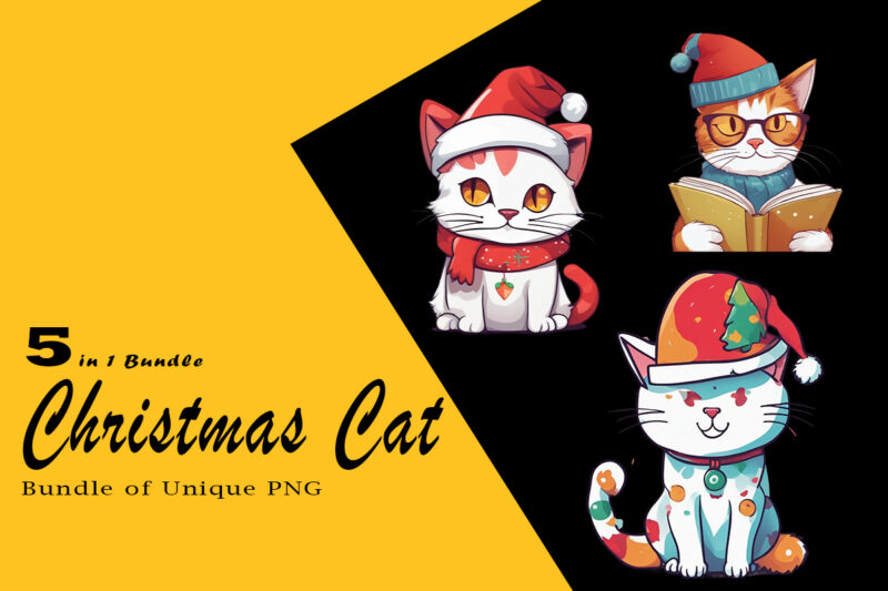Christmas Cat Illustration for POD Clipart Design is Also perfect for any project: Art prints, t-shirts, logo, packaging, stationery, merchandise, website, book cover, invitations, and more.V.17