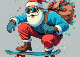 a santa claus wearing glasses, red gloves and brown shoes is blue skateboarding with a bunch of cranberries print PNG File t shirt vector