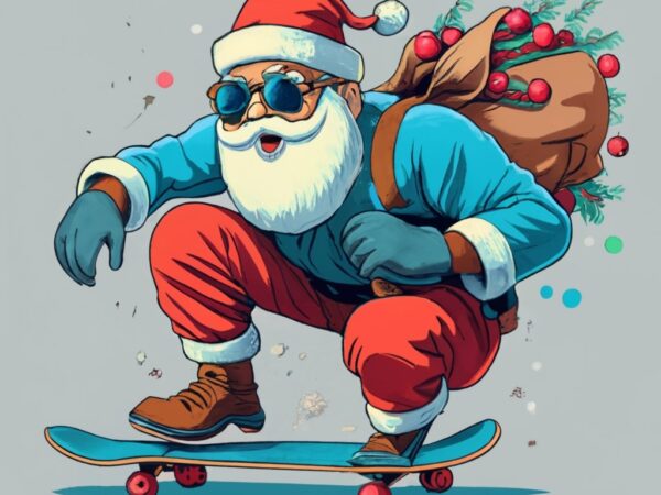 A santa claus wearing glasses, red gloves and brown shoes is blue skateboarding with a bunch of cranberries print png file t shirt vector