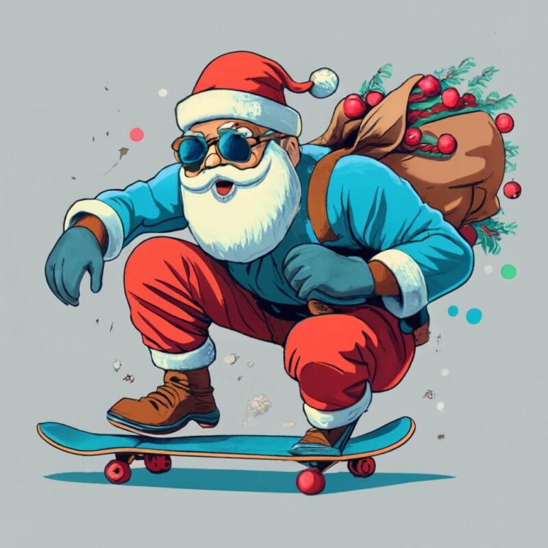 a santa claus wearing glasses, red gloves and brown shoes is blue skateboarding with a bunch of cranberries print PNG File