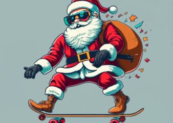 a santa claus wearing glasses, red gloves and brown shoes is skateboarding, white background, graphic design for t-shirts PNG File