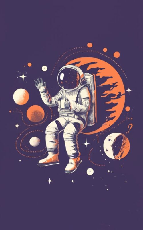 astronaut floating in space, t-shirt design, stencil, retro design, banksy, Karol J sharp edges PNG File