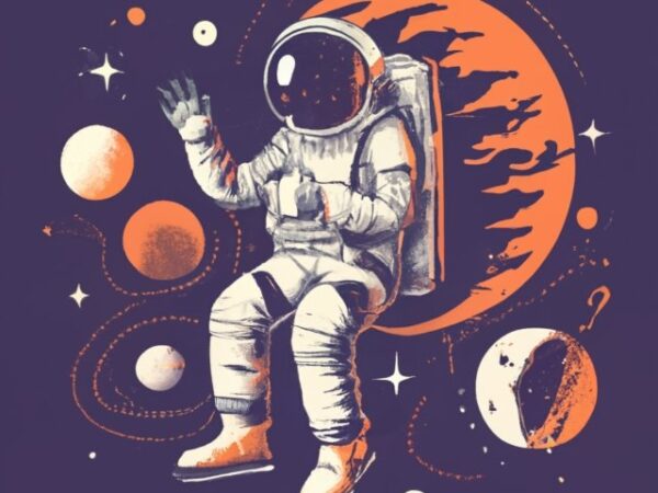 Astronaut floating in space, t-shirt design, stencil, retro design, banksy, karol j sharp edges png file