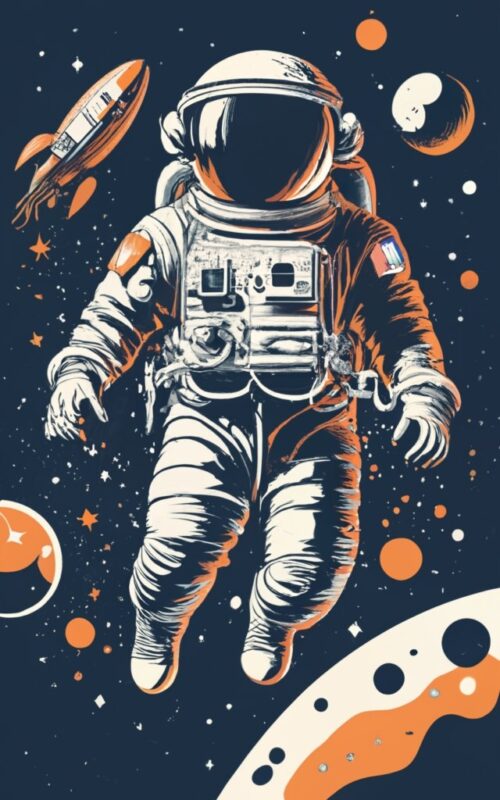 astronaut floating in space, t-shirt design, stencil png file, retro design, banksy, sharp edges png file