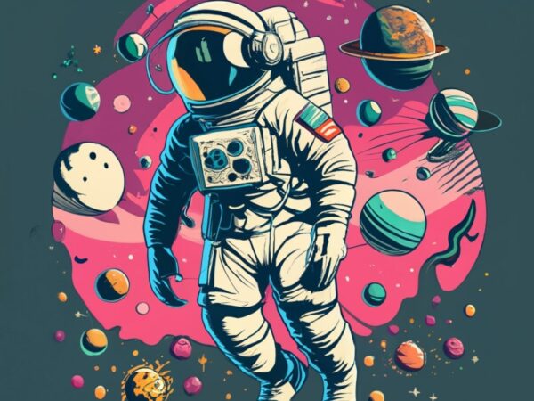 Astronaut floating in space, t-shirt design, stencil, retro design, with text “xen dance space”, conceptual art png file