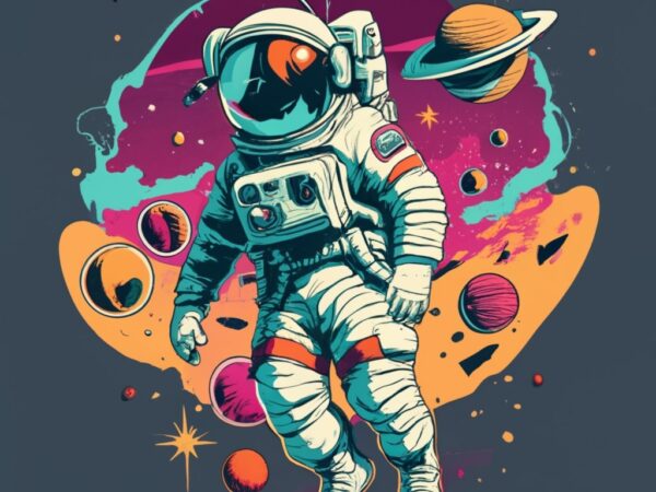 Astronaut floating in space, t-shirt design, stencil, retro design, banksy, without miguel png file