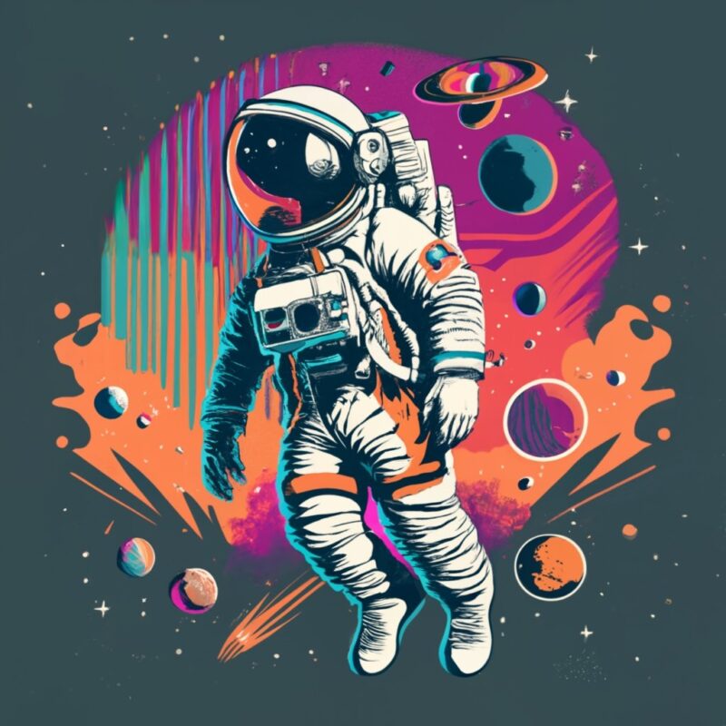 astronaut floating in space, t-shirt design, stencil PNG, retro design, banksy PNG File