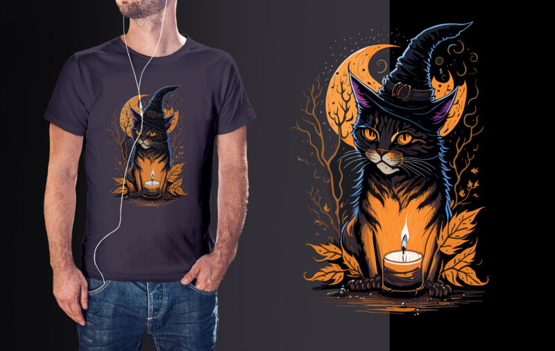 Spooky Cat Witch Halloween Tshirt Vector