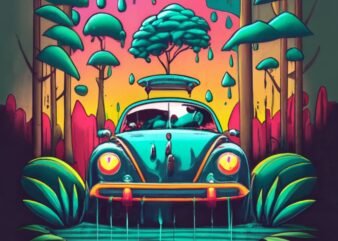 ♥️💎💋👑👑, cinematic, dark fantasy, vibrant, graffiti Create a visually stunning t-shirt design featuring a beautiful Volkswagen, forest, a
