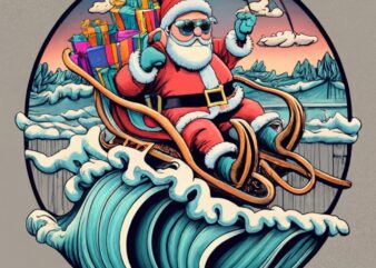 Santa Clause sitting in his sleigh. In this photo make sure Santa is wearing sunglasses and his sleigh filled with toys and presents. Show h
