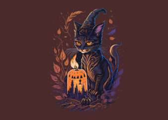 Cute Halloween Witch Cat Tshirt Design