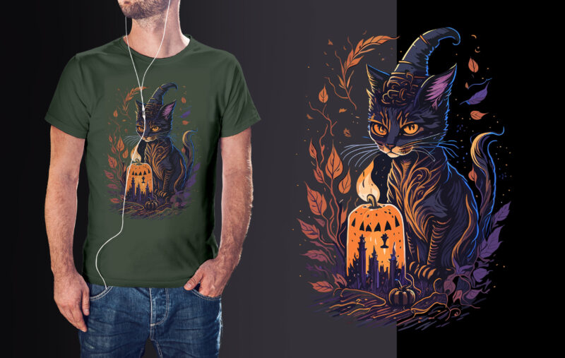 Cute Halloween Witch Cat Tshirt Design