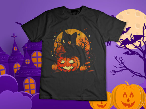 Retro black cat halloween pumpkin costume for women men kids t-shirt design