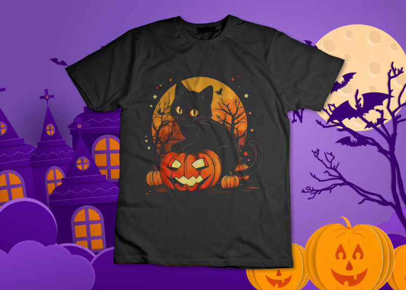 Retro Black Cat Halloween Pumpkin Costume For Women Men Kids T-Shirt Design
