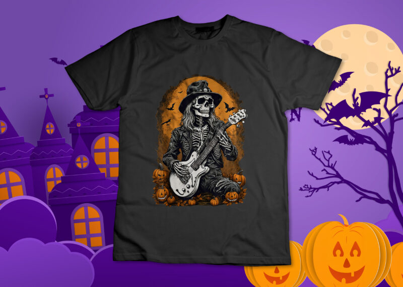 Rocker Halloween Skeleton Guitar Halloween T-Shirt Design