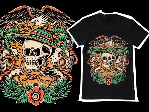 Eagle and skull in paradise illustration for t-shirt design