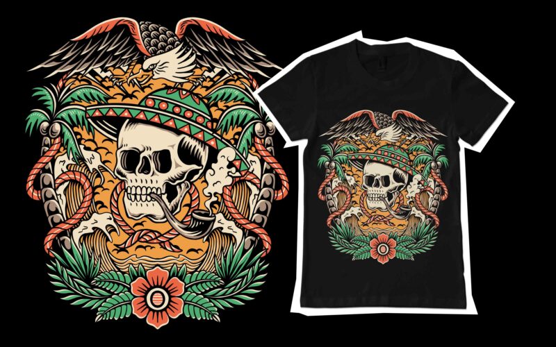 eagle and skull in paradise illustration for t-shirt design