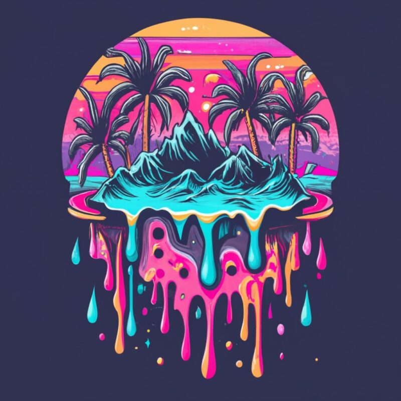 elegant round tshirt design, neon paint dripping sunset PNG File