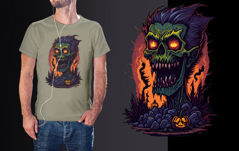 Spooky Zombie Skull Halloween Tshirt Vector