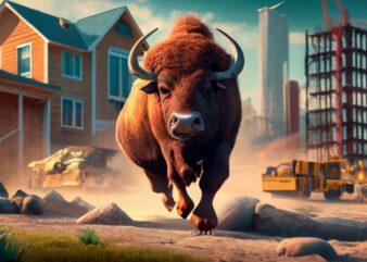 generation generation a buffalo running for life, charging through new home construction site at dawn, 3d render t-shirt design PNG File
