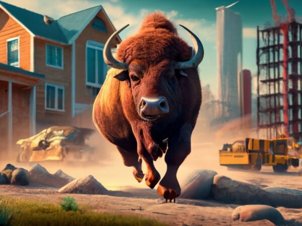 Generation generation a buffalo running for life, charging through new home construction site at dawn, 3d render t-shirt design png file