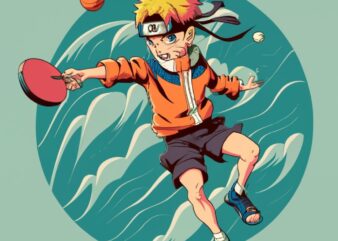 give me designs for T-shirt print of Anime character Naruto Takahasi playing table tennis