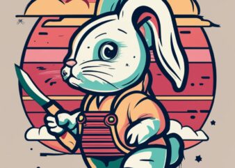 imple art style, realistic head, flat Color, side view, baby bunny holding a knife, strong contour, professional, t-shirt design, Stylized S