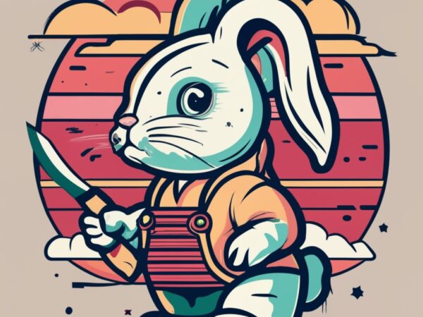 Imple art style, realistic head, flat color, side view, baby bunny holding a knife, strong contour, professional, t-shirt design, stylized s