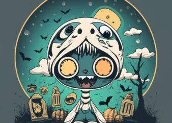 kawaii, cartoon style, t-shirt design without images and only a white cartoon spooky whit black outline, white background, anime PNG File