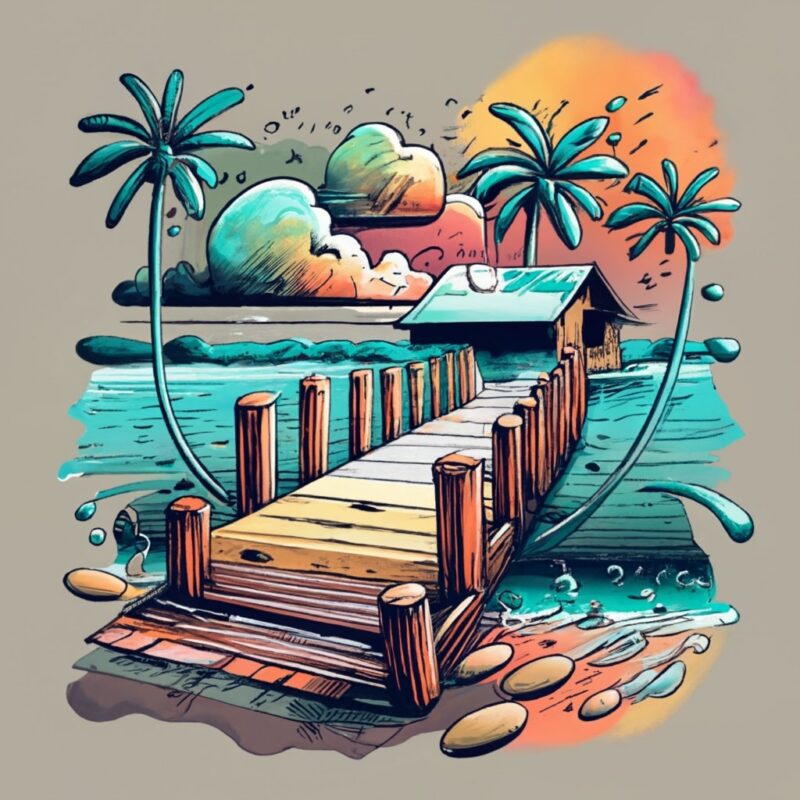 Dunia t-shirt design, beach coast, trees, vibrant watercolor splashes and drip effects PNG File
