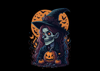 Spooky Pumpkin Witches Skull Halloween Vector